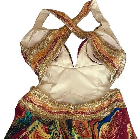 Vibrant Multicolor Sequin Satin Gown Open Back Floor Length Formal Dress Size 4 - Picture 6 of 14